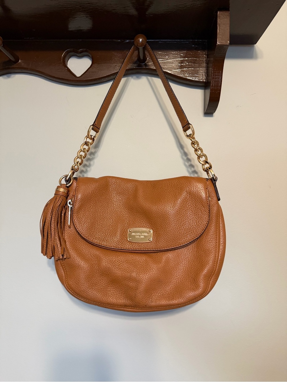 Michael Kors Cognac Leather Shoulder Bag with Tassel and Gold Chain
